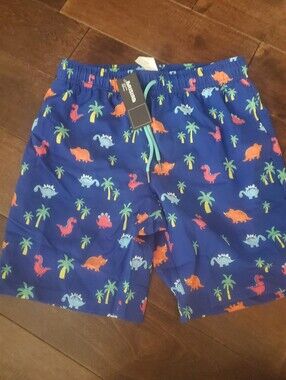 Blue  Dino Print Swim Trunks Size 10-12 with Palm Trees New With Tags
